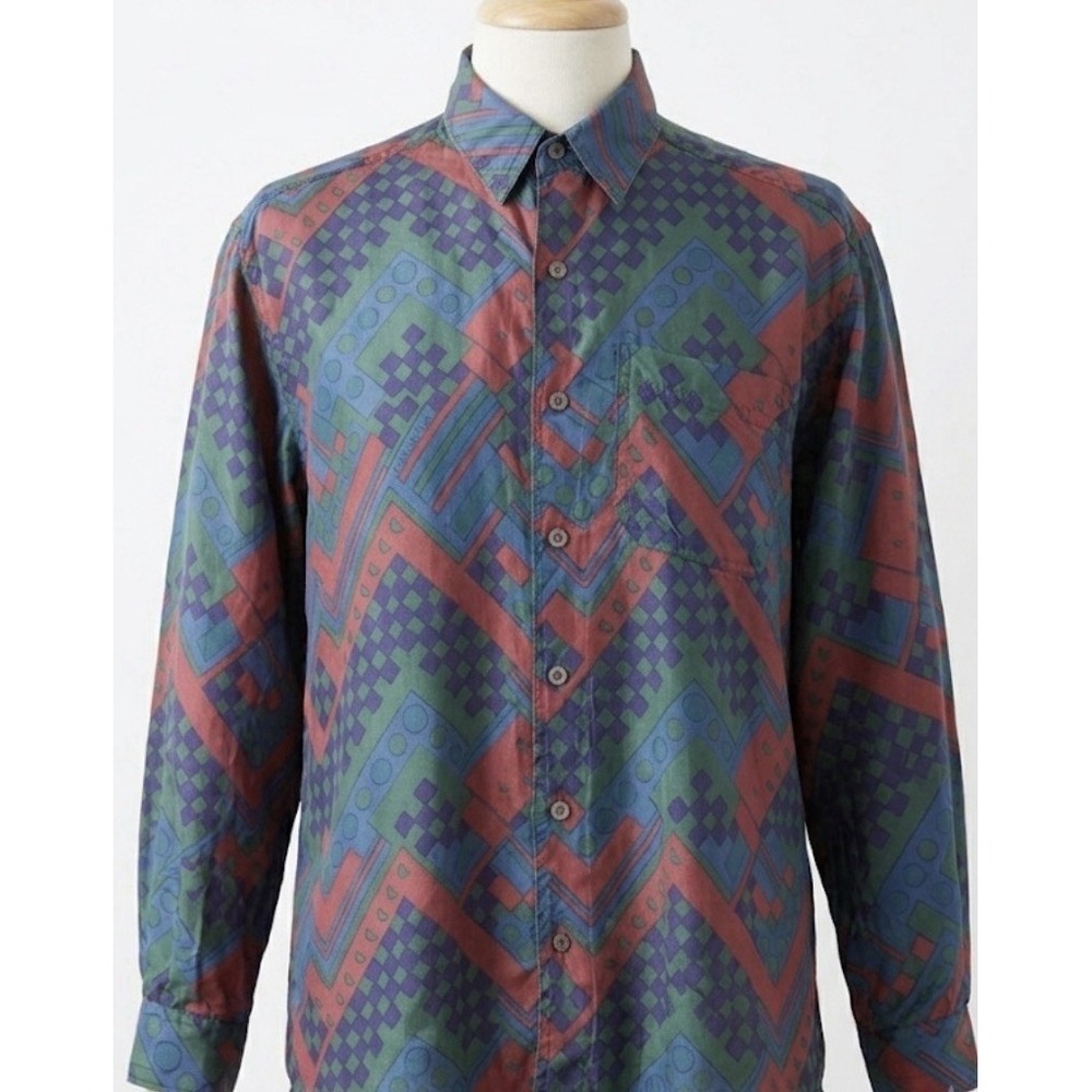 Vintage Silk Geometric Button Down Shirt S Androgynous Retro Western Maximalist
